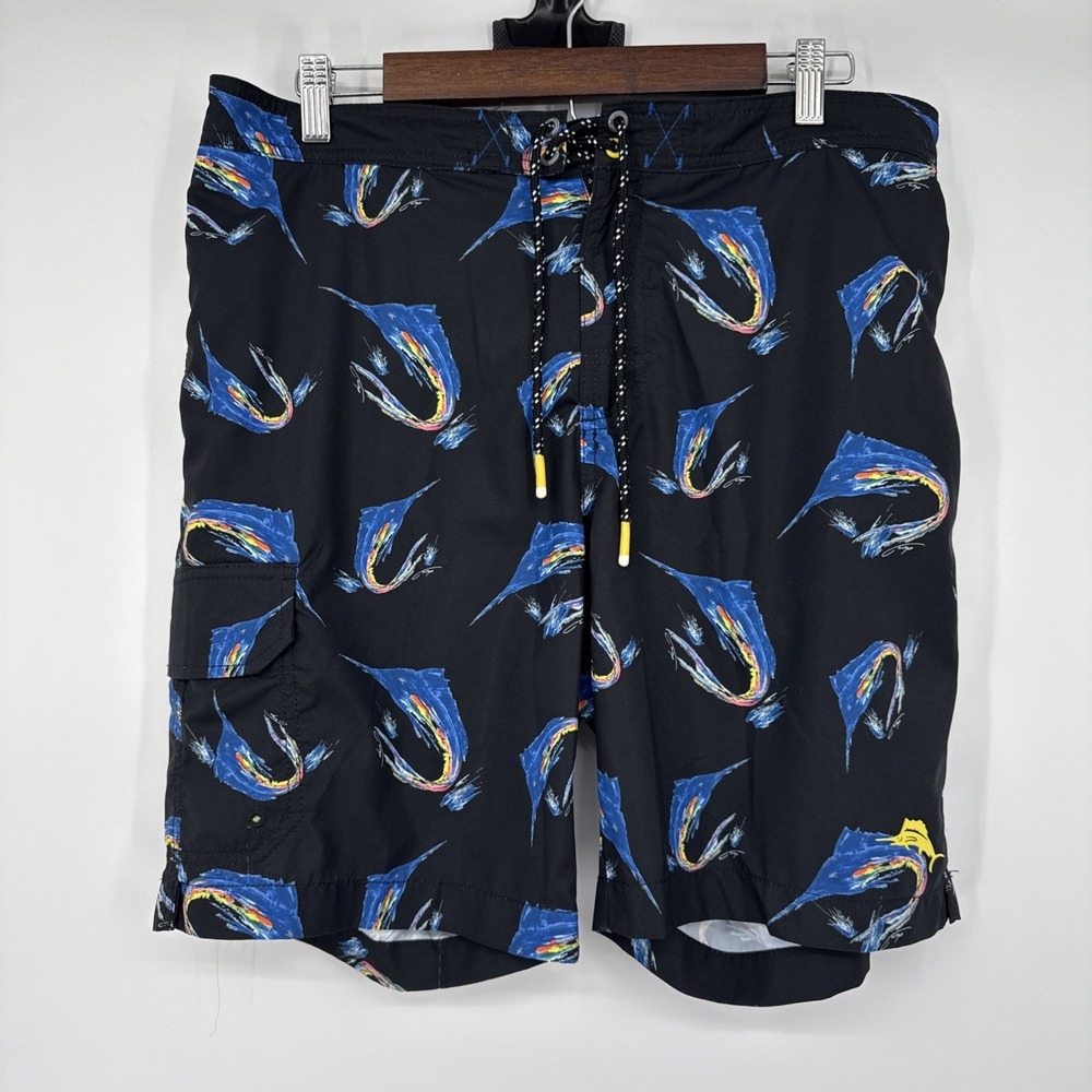 Tommy Bahama Mens Artist Series Swordfish Tropical Cargo Swim Trunks Lined Large